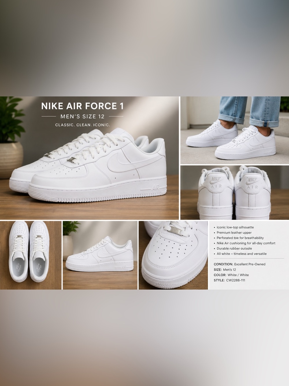 Nike Air Force 1 ‘07 Triple White Low Men’s size 12